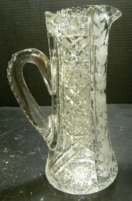 Antique Large Stunning ABP Rose Etched Cut Glass Pitcher 12.25" x 6.5" Excellent