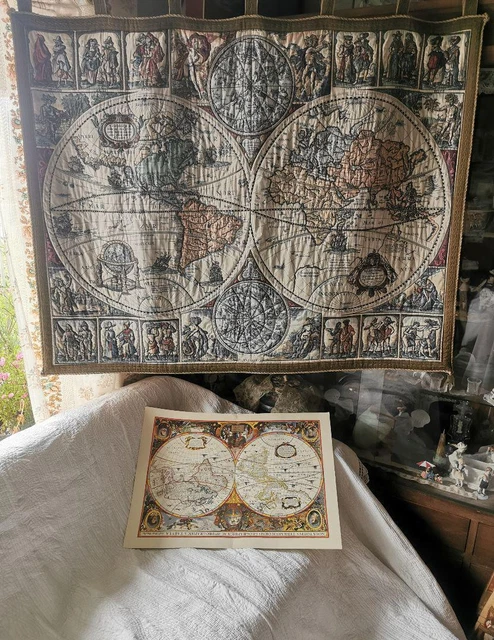 Antique German Roselle World Nautical Map Hand Embroidered Quilted Tapestry
