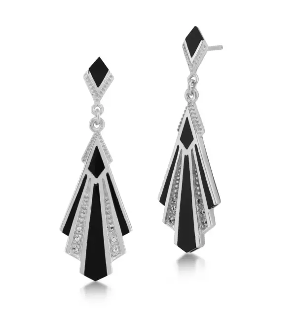 Art Deco Style Cabochon Black Onyx & White Cubic Zirconia Drop-Dangle Earrings