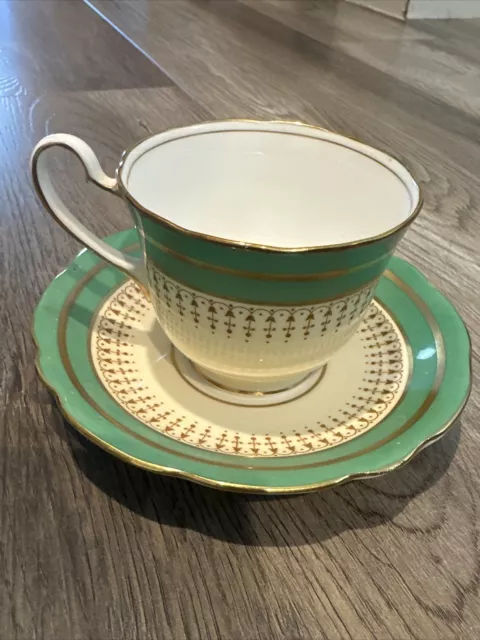 Vintage  AYNSLEY Bone China England  Green & Gold Tea Cup & Saucer Set