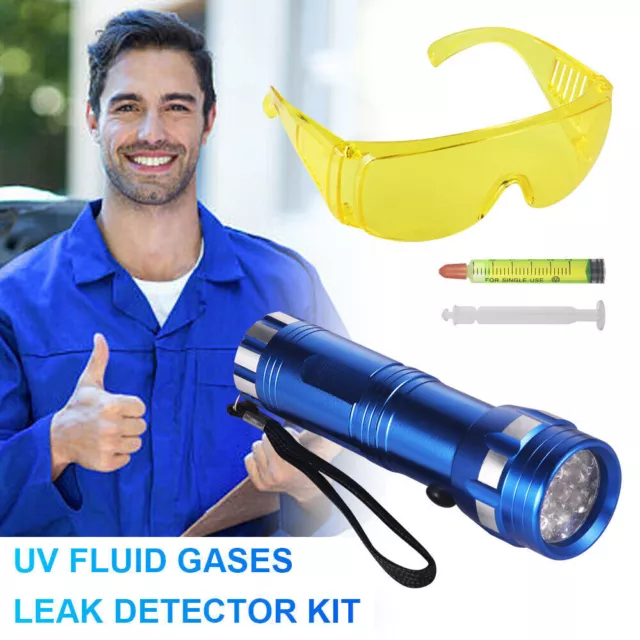 UV Fluid Gases Leak Detector Kit For Car A/C System Dye&Glasses&28 Led Light NEW