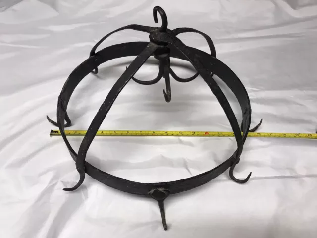 Antique 18th Century Wrought Iron Dutch Crown Hanging Pot Rack Or Game Rack