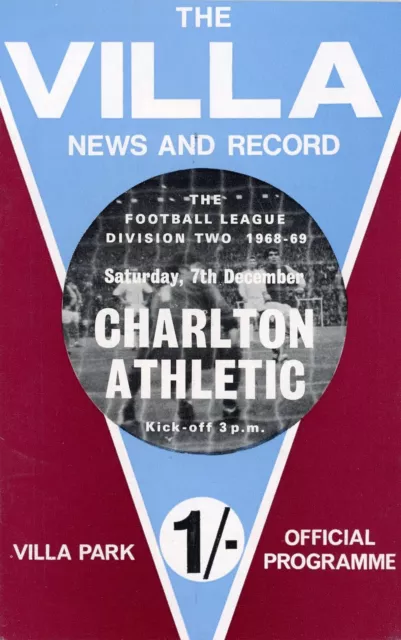 Aston Villa v Charlton Athletic 1968 69 Football Programme News & Record vintage