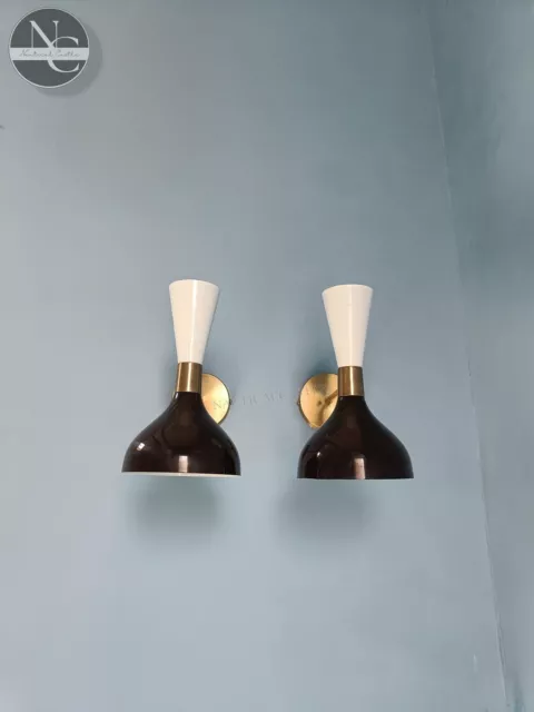 Black & White Brass Wall Sconce Pair 1950 Mid Century Italian Diabolo Stilnovo S