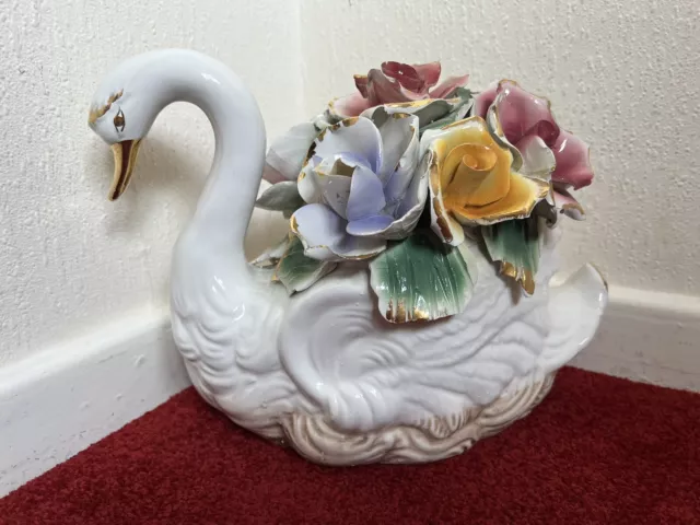 Capodimonte Swan Ornament with Roses Large Vintage