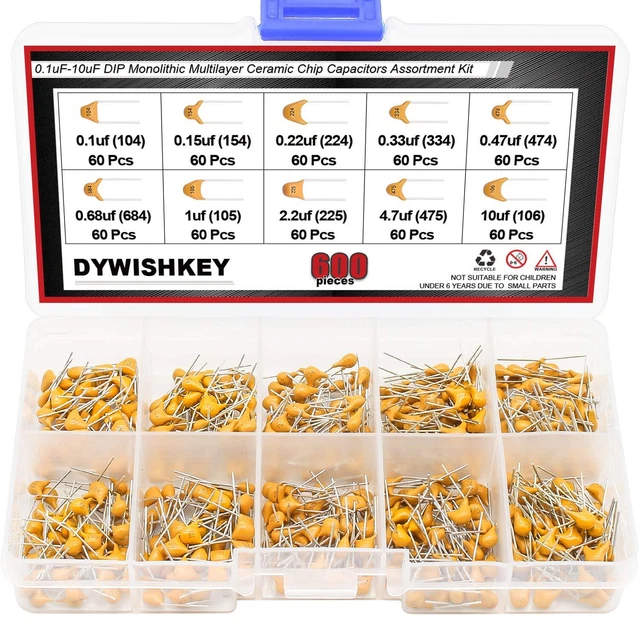 10-Value Ceramic Capacitor Set, 600pcs DIP Monolithic Multilayer Kit, 0.1uF-10uF