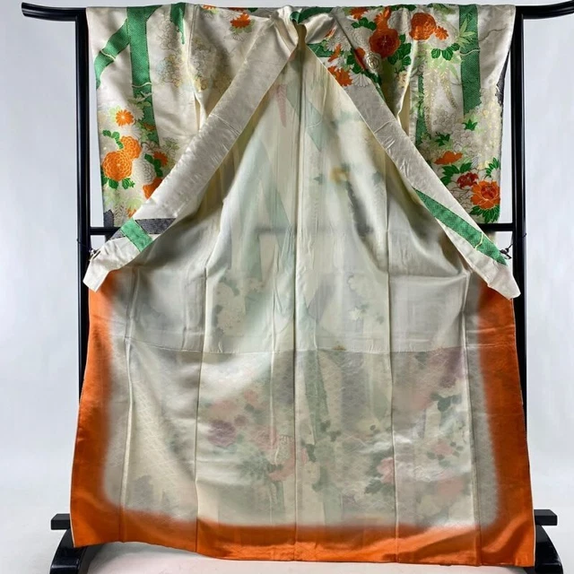 Japanese Kimono Furisode Pure Silk Chrysanthemum Bamboo Gold Thread Gold Paint 3