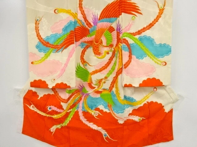 43471# Japanese Kimono / Antique Kimono For Girls / Embroidery / Phoenix