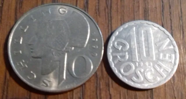 Circulated Austrian Coins x 2.10 Schilling 1990.10 Groschen 1983