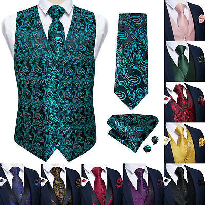 Mens Formal Wedding Waistcoat Green Paisley Floral Suit Vest Slim Silk Tie Set