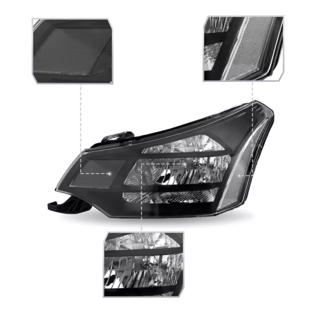 For 2008-2011 Ford Focus S | SE | SES | SEL Black Clear Halogen Headlights LH+RH 3