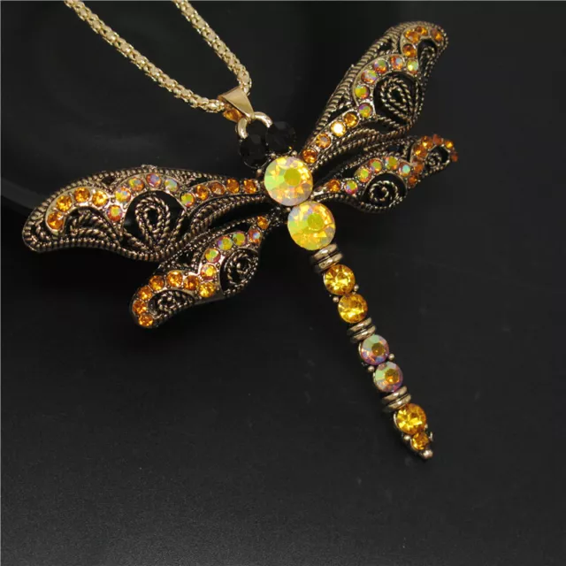 Fashion Lady Yellow Enamel Cute Dragonfly Crystal Pendant Women Necklace