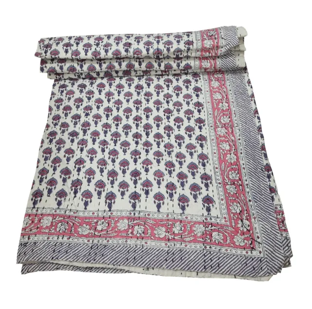 Indian Reversible Handmade Cotton Hand Block Print Kantha Quilt Throw Bedspread
