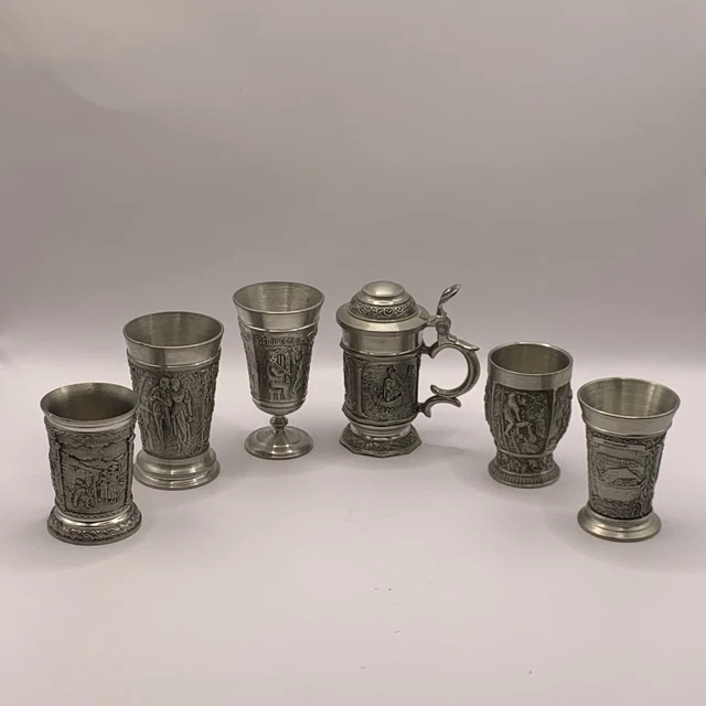 Zinn 95% Pewter Lot Of 5 Shot Glasses And Miniature Stein Germany Zinn 95% Pewter Lot Of 5 Shot Glasses And Miniature Stein Germany