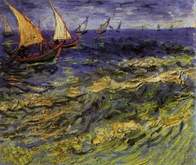 Oil painting Vincent Van Gogh - Seascape at Saintes-Maries & sail boats waves
