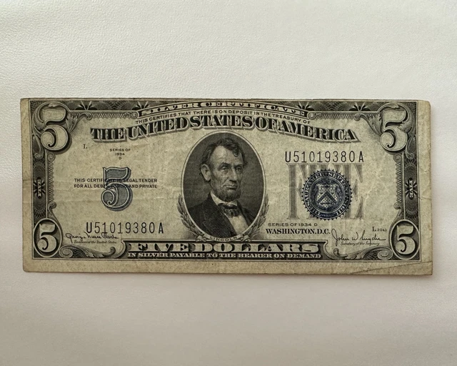 1934 D $5 Five Dollar Bill Silver Certificate - VF
