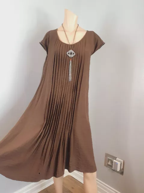 Elemente Clemente Brown Shift Fit Crepe Feel Pleated Midi Dress Size 2