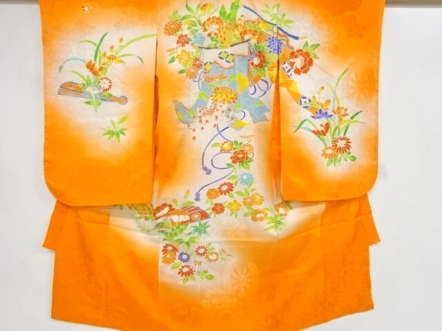 44410# Japanese Kimono / Antique Kimono For Girls / Embroidery / Flower & Ki