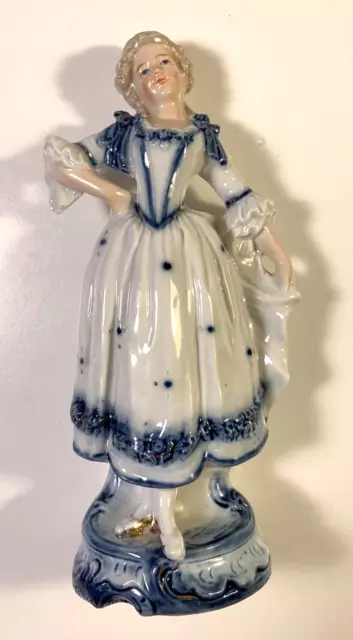 Victorian Woman Blue White Gold 9" Porcelain Ceramic Figurines Statues