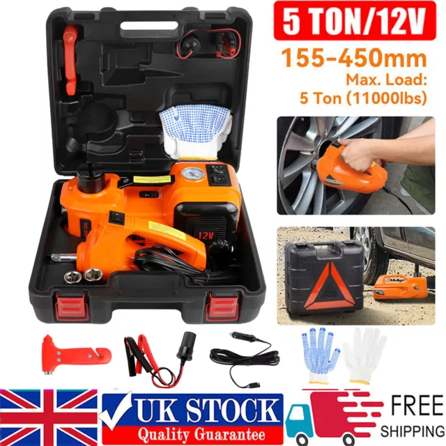 5 Ton 12V Electric Hydraulic Automatic Car Jack Lift Kit w/ Impact Wrench Repair