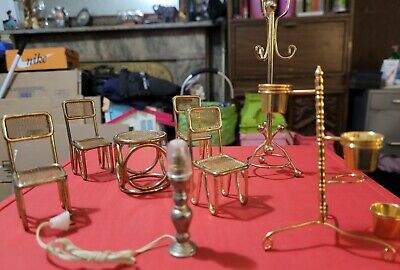 Vintage Brass (Gold) Metal Doll House Furniture Lot (11)- Chairs, Table, Etc.