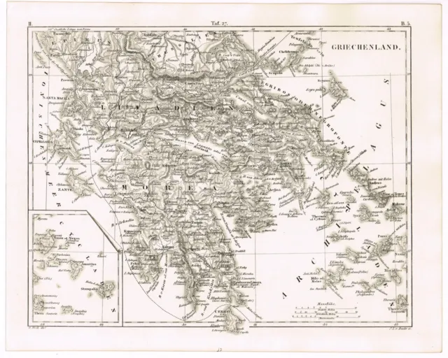 Genuine Antique Print Vintage 1851 Engraving Map Cartography Greece Greek Isles