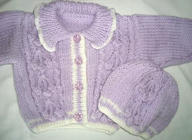 Hand Knitted Baby Girls Aran Cardigan & Hat Lilac/White 3-6Mths