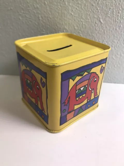 Vintage Sarah Collins Elephant Tin Coin Bank Yellow Grumbridge Bedford England 2