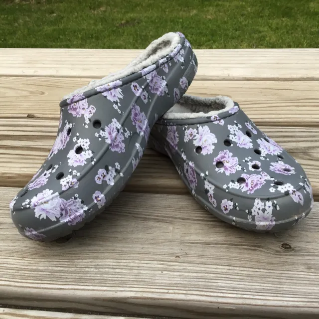 CROCS Freesail Womens Size 9 Gray Purple Floral Faux Fur Lined Clog Shoes 205860