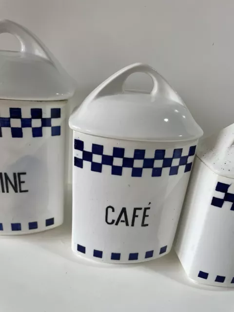 3 Anciens Pots à épice en Faience blanc et bleu à Carreaux Déco Cuisine Vintage 3