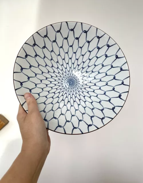 Large Japanese Centerpiece Bowl Blue Geometric Net Pattern on White
