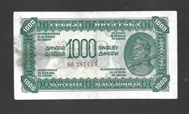 1000 Dinara Vg-Fine  Banknote From Partizan Army Of Yugoslavia 1944  Pick-55