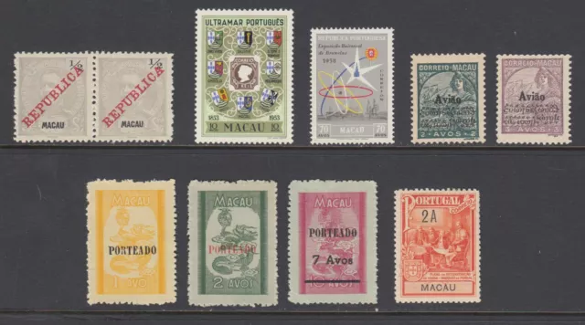 Macao Sc 147, 371, 391, C1, C2, J50-J52, RA2 MLH/MNH. 1911-58 issues, 8 diff, VF