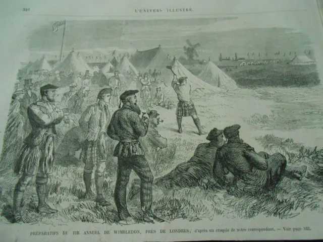 Gravure 1867 - Préparatifs du Tir annuel de Wimbledon près de Londres
