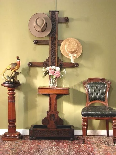 ANTIQUE OAK HALL TREE STAND /HAT STAND ~ FINE CARVING, DRIP TRAY, 9 HOOKS  c1900