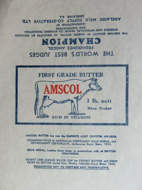 Old 1934 South Australian  Amscol Butter Gold Medal Wrapper Packet