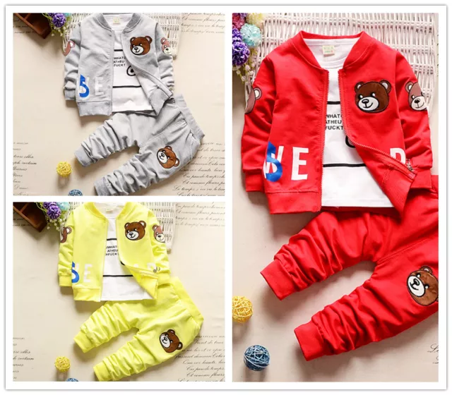 3PCS Toddler Infant Baby Boy Outfit Coat+ T-shirt+ Pants Little Bear Clothes set
