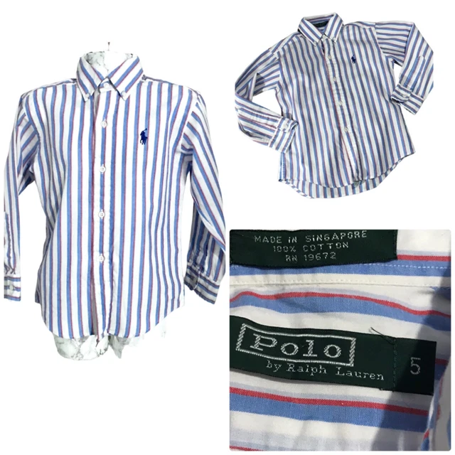Girls Ralph Lauren Shirt Age 5 White Stripe Cotton Button Up Long Sleeve Logo