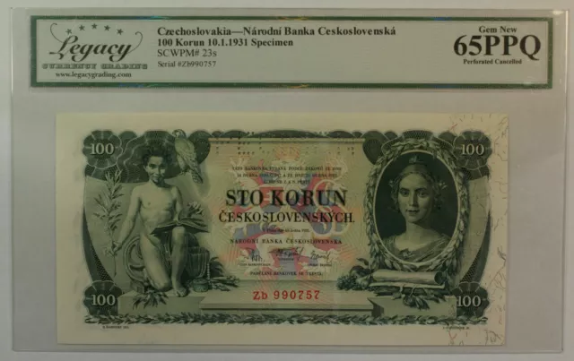 1931 100 Korun Specimen Czechoslovakia Narodni Banka Currency Note Legacy 65 PPQ