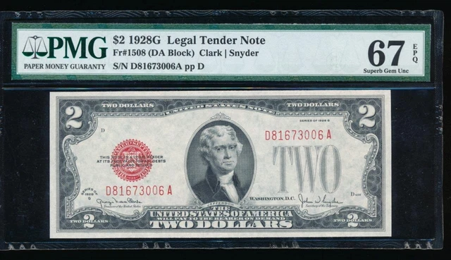 AC 1928G $2 Legal Tender PMG 67 EPQ D-A block Fr 1508