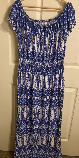 Bella Berry Plus Sz 4X Maxi Stretch Dress Blue White Capped Sleeve Size Up *read 3