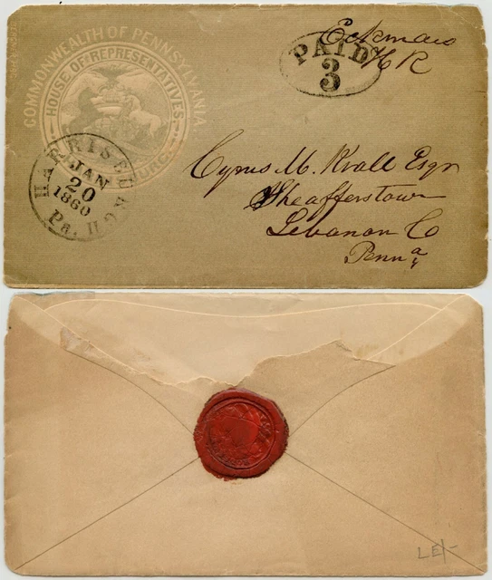 USA 1860 ILLUSTRATED ENV HOUSE of REPRESENTATIVES HARRISBURG Pa PAID 3c + SEAL
