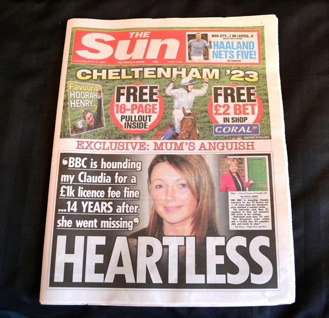 The sun uk newspaper 15 03 23 march 15th 2023 cheltenham bbc licence