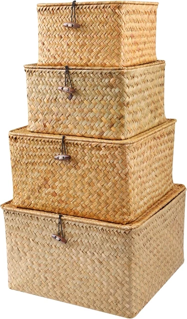 6 Cestini Portaoggetti In Rattan Con Coperchio E Manico – Bianco, 25x19x10 Cm – Impilabili - 3