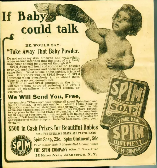 Advertising Spim Baby Soap Spim Baby Ointment Spim Co Johnstown N.Y. 1904
