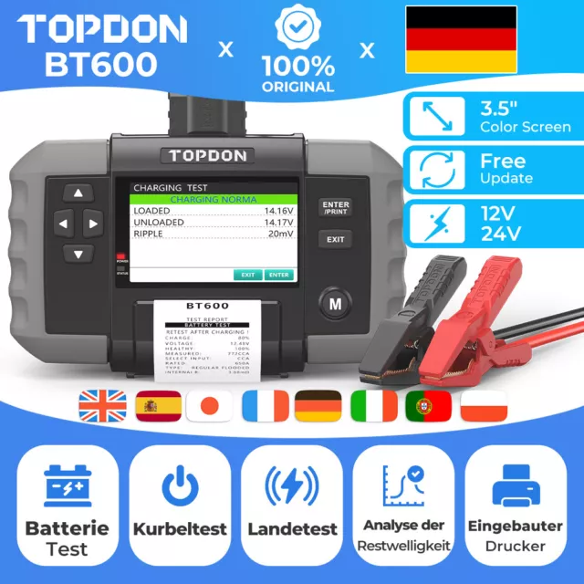 TOPDON BT600 12V/24V Batterietester Batterieprüfer mit Eingebaut Drucker DE