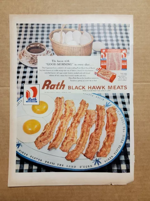 Nostalgic Original 1950's 1957 Print Ad Rath Black Hawk Meats Bacon and Eggs