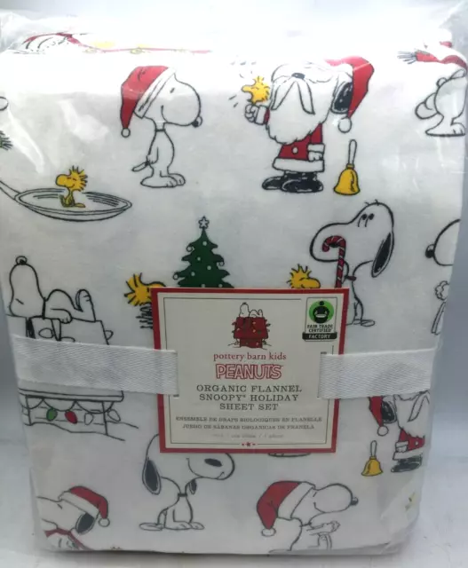 Pottery Barn Kids Peanuts Snoopy Organic Flannel Holiday Twin Sheet Set NIP