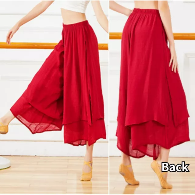 Women Cotton Blend High Waist Wide-Leg Pants Culottes Trousers Casual Dancewear