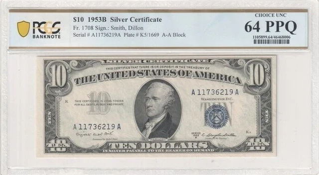 1953B $10 Silver Certificate Very Rare - PCGS Graded Choice UNC 64 PPQ